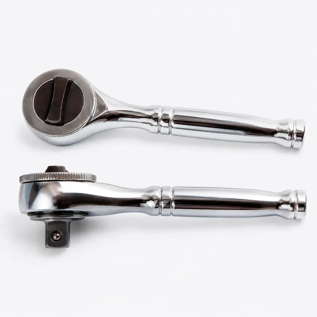 Stubby round-handle ratchet wrenches in polished chrome finish