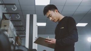 Person holding a clipboard in an industrial interior, illustrating manufacturing documentation review