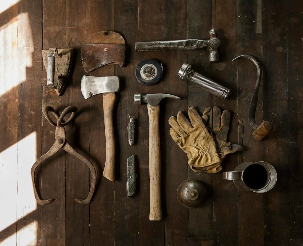 Toolkit and hand tools arranged for workshop work